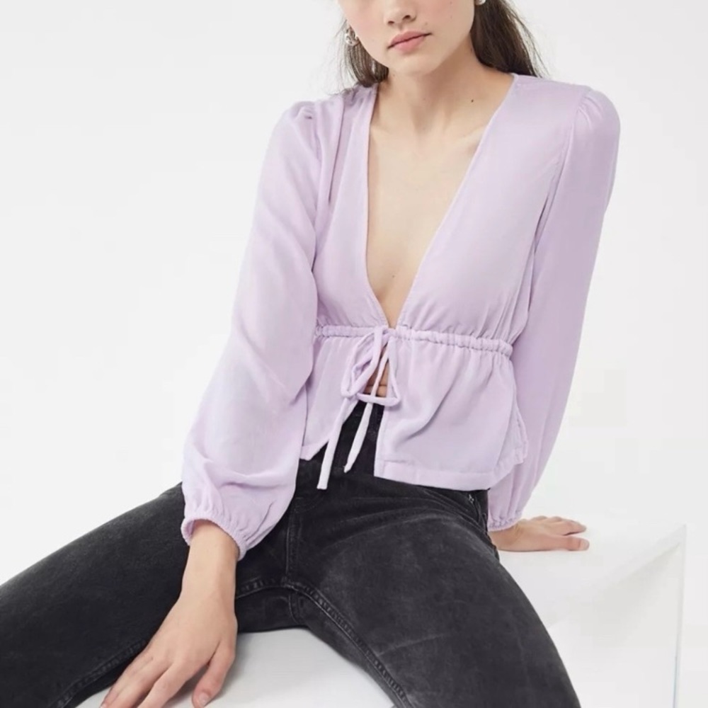 💫 Urban Outfitters Lavender Velvet Drew Tie-Waist Long Sleeve Ruched Top Size SP